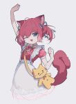  1girl ;d akami_karubi animal_bag animal_ears apron arm_up blue_eyes blue_ribbon cat_bag cat_ears cat_girl cropped_legs dress fujimaki_nora hair_ribbon highres indie_virtual_youtuber one_eye_closed red_dress red_hair ribbon simple_background smile white_apron white_background 