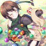  1girl ball brown_hair bucchake_(asami) closed_eyes crop_top dutch_angle final_fantasy final_fantasy_vii fingerless_gloves gloves green_vest holding holding_ball materia ninja short_hair smile solo upper_body vest yuffie_kisaragi 