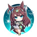  1girl ahoge animal_ears blue_eyes blush breasts brown_hair chibi cleavage closed_mouth commission cosplay dress full_body horse_ears horse_girl horse_tail large_breasts long_hair looking_at_viewer mihono_bourbon_(umamusume) mythra_(xenoblade) mythra_(xenoblade)_(cosplay) no_nose signature skeb_commission solo sparkle tail umamusume warashi white_dress xenoblade_chronicles_(series) xenoblade_chronicles_2 