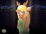  anthro antlers bingbingo_(artist) blonde_hair blue_eyes blush clothing deer deltarune doe_with_antlers dress female freckles green_clothing green_dress hair hi_res horn jewelry lights looking_at_viewer mammal necklace new_world_deer noelle_holiday open_mouth red_nose reindeer signature solo spotlight tail undertale_(series) 
