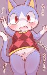 2024 4_fingers animal_crossing anthro blue_body blue_fur blush bodily_fluids bottomless bottomless_male clothed clothing embarrassed featureless_crotch fingers fur japanese_text looking_at_viewer lying lying_on_ground male nintendo on_back open_mouth raised_arms red_clothing red_eyes red_sweater red_topwear rover_(animal_crossing) shadow solo sweat sweater text topwear translation_request urumin3939 white_body white_fur