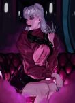  1girl black_skirt demon demon_girl evelynn_(league_of_legends) highres k/da_(league_of_legends) k/da_all_out_evelynn league_of_legends long_sleeves looking_to_the_side lwamizu red_shirt shirt sitting skirt snake solo thighs 