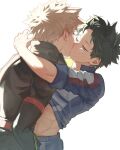  bakugou_katsuki blonde_hair blue_pants blue_shirt boku_no_hero_academia clothes_lift costume cowboy_shot eye_contact freckles green_eyes green_hair highres kiss long_sleeves looking_at_another male_focus midoriya_izuku pants shirt shirt_lift single_arm_hug spiked_hair toned toned_male u.a._gym_uniform unou_(unou_mha) white_background yaoi 