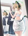  1girl absurdres animal_ear_headphones animal_ears blonde_hair bloomers blue_archive blush bra breasts cat_tail fake_animal_ears green_eyes green_halo halo headphones highres holding holding_clothes maid maid_headdress midori_(blue_archive) midori_(maid)_(blue_archive) mirror multiple_views nanahoshi_teru official_alternate_costume open_mouth short_hair small_breasts tail underwear white_bloomers white_bra 