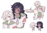  2girls absurdres bags_under_eyes black_eyes black_hair blue_eyes dark-skinned_female dark_skin dungeon_meshi elf genderswap genderswap_(mtf) grey_hair highres jiebiandeyegou77649 kabru long_hair mithrun multiple_girls neckerchief pleated_skirt pointy_ears sailor_collar school_uniform serafuku short_hair simple_background skirt smile socks uneven_eyes white_background 