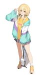  1girl absurdres bag bare_legs blonde_hair blue_skirt blush braid commentary fujita_kotone full_body gakuen_idolmaster hair_ribbon highres holding holding_bag hood hooded_jacket idolmaster jacket long_hair looking_at_viewer miniskirt multicolored_clothes multicolored_jacket open_clothes open_jacket plaid plaid_skirt pleated_skirt ribbon shiro_wa_(shiroshironix) shirt simple_background skirt smile solo twin_braids w white_background yellow_eyes yellow_shirt 