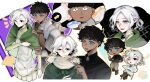  2boys absurdres androgynous bags_under_eyes black_eyes black_hair blue_eyes braid chibi cloak curly_hair dark-skinned_male dark_skin dungeon_meshi elf feeding gorget green_cloak grey_eyes highres hood hooded_cloak i-will-see-u-at-the-beginning kabru lazy_eye long_sleeves male_focus mithrun multiple_boys notched_ear pants pointy_ears shirt short_hair tunic uneven_eyes 