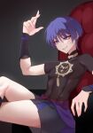  1boy black_shirt black_shorts black_sleeves chobonu couch detached_sleeves genshin_impact hair_between_eyes highres japanese_clothes looking_at_viewer male_focus purple_eyes purple_hair scaramouche_(genshin_impact) shirt short_hair shorts sitting smile solo 