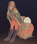 absurd_res anthro big_tail boots breasts clothed clothing clothing_lift female footwear genitals hi_res maxmushroom pussy red_body scalie smile solo tail