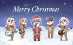  5girls animal_costume animal_ear_hairband animal_ears antlers bang_dream! bang_dream!_it&#039;s_mygo!!!!! blue_eyes bow bowtie brown_hair cat_ears chihaya_anon christmas closed_mouth commentary drumsticks electric_guitar english_text fake_animal_ears fake_beard fake_facial_hair fang fur-trimmed_headwear fur_trim grey_eyes guitar hairband hat heterochromia highres holding holding_drumsticks holding_microphone horns instrument jacket kaname_raana long_hair lyy medium_hair microphone mole mole_under_eye multiple_girls music mygo!!!!!_(bang_dream!) nagasaki_soyo open_mouth outdoors pants pink_hair playing_guitar purple_eyes red_bow red_bowtie red_hat red_jacket red_pants reindeer_antlers reindeer_costume santa_costume santa_hat shiina_taki singing smile snow snowflakes snowing takamatsu_tomori white_hair yellow_eyes 