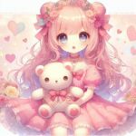  1girl :o ai-generated blue_eyes blush bow bowtie child choker dot_nose double_bun dress flower frilled_dress frilled_skirt frilled_sleeves frills hair_bow hair_bun hair_flower hair_ornament hair_ribbon head_wreath heart holding holding_stuffed_toy long_hair looking_at_viewer multicolored_eyes non-web_source open_mouth original pink_background pink_bow pink_choker pink_flower pink_hair pink_rose puffy_short_sleeves puffy_sleeves purple_eyes ribbon rose short_sleeves sitting skirt solo stuffed_animal stuffed_toy swept_bangs teddy_bear teddy_bear_ornament thighs upper_body valentine very_long_hair wavy_hair yellow_flower yellow_rose 