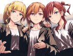  3girls :3 :d \m/ bad_id bad_twitter_id black_jacket blonde_hair blue_eyes bullfalk closed_mouth collarbone gradient_background green_eyes grey_background grin hand_on_another&#039;s_shoulder heanna_sumire jacket light_frown long_sleeves looking_at_viewer love_live! love_live!_superstar!! low_ponytail multiple_girls open_clothes open_jacket orange_hair ponytail purple_eyes red_hair shadow shibuya_kanon shirt short_hair short_hair_with_long_locks side_ponytail sidelocks smile upper_body v-shaped_eyebrows white_background white_shirt yoneme_mei 