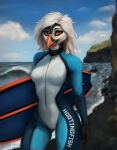  2024 alcid anthro athletic athletic_anthro athletic_female avian beach beak bird black_body black_sand bodysuit breasts camel_toe cliff clothed clothing cloud digital_media_(artwork) digital_painting_(artwork) eyebrows feathers female front_view gloves grass hair handwear hi_res hootingfish iceland lari logo logo_on_clothing looking_at_viewer medium_breasts mountain nipple_outline orange_eyes outside plant puffin rock sea skinsuit sky smile solo sportswear standing surfboard surfer thigh_gap tight_clothing walking water wetsuit white_body white_hair wind zipper 