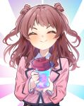  1girl ^_^ blush brown_hair brown_jacket closed_eyes cropped_jacket cup drink facing_viewer gakuen_idolmaster hanami_saki hatsuboshi_gakuen_school_uniform hatuho_1223 holding holding_cup idolmaster jacket long_hair long_sleeves school_uniform smile solo two_side_up upper_body 