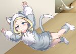  1girl :&lt; alternate_costume alternate_hairstyle animal_ears animal_hood arms_up beatrice_(re:zero) blonde_hair blue_eyes blush cat cat_ears cat_hood claw_pose commentary_request cosplay drawstring fake_animal_ears fake_tail falling grey_hoodie hood hood_up hoodie long_hair long_sleeves photo_inset puck_(re:zero) puck_(re:zero)_(cosplay) re:zero_kara_hajimeru_isekai_seikatsu reference_inset s_(hdru2332) solo symbol-shaped_pupils tail 