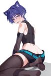  1boy @_@ absurdres animal_ears ass black_shirt black_shorts black_sleeves blue_eyes blush brown_thighhighs cat_boy cat_ears chobonu genshin_impact hair_between_eyes highres looking_at_viewer male_focus open_mouth purple_hair scaramouche_(genshin_impact) shirt short_hair shorts smile solo thighhighs 