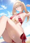  1girl absurdres armpits bikini blonde_hair blue_sky breasts cloud day earrings fate/grand_order fate_(series) green_eyes hair_intakes highres jewelry knees_up kurozawa_yui large_breasts nero_claudius_(fate) nero_claudius_(swimsuit_caster)_(fate) outdoors red_bikini red_nails sitting sky solo sunlight swimsuit thighs 