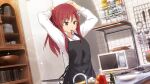  22/7 22/7_ongaku_no_jikan apron arms_up black_apron dutch_angle egg_(food) flower food game_cg glass hair_flower hair_ornament hair_tie_in_mouth highres holding holding_own_hair indoors ketchup_bottle kitchen ladle lens_flare light_particles long_hair long_sleeves looking_down microwave mouth_hold non-web_source official_art onion plate red_eyes red_hair refrigerator sato_reika shirt sidelocks spoon stove straight_hair tying_hair utensil_rack white_flower white_shirt 