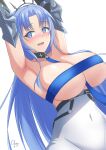  1girl absurdres alsace_(azur_lane) armpits arms_up azur_lane bare_shoulders belt between_breasts black_belt black_tiara blue_eyes blue_hair blush breast_strap breastless_clothes breasts cleavage collarbone commentary covered_navel cowboy_shot deera_indrawan detached_collar dress gauntlets hair_ornament highres large_breasts long_hair looking_at_viewer no_mask nose_blush open_mouth parted_bangs ribbon sidelocks signature simple_background solo standing strap_between_breasts tiara underbust very_long_hair white_background white_dress 