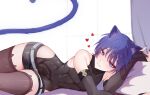  1boy animal_ears black_shirt black_shorts black_sleeves brown_thighhighs cat_ears cat_tail chobonu closed_mouth clothing_cutout genshin_impact hair_between_eyes highres looking_at_viewer male_focus purple_eyes purple_hair purple_tail scaramouche_(genshin_impact) shirt short_hair shorts smile solo tail thighhighs 