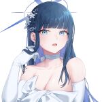  1girl aesice black_hair blue_archive blue_eyes blue_halo breasts choker cleavage collarbone dress earrings elbow_gloves gloves hair_ornament halo highres jewelry large_breasts long_hair looking_at_viewer official_alternate_costume open_mouth saori_(blue_archive) saori_(dress)_(blue_archive) simple_background solo strapless strapless_dress upper_body white_background white_choker white_dress white_gloves 