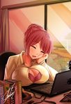  book bra breast_rest breasts bursting_breasts check_translation cleavage cleavage_cutout computer cup danganronpa darkmaya drooling hair_bun laptop large_breasts long_hair monokuma mousepad_(object) mug open_clothes open_shirt original pen red_bra red_hair shirt signature sleeping sleeping_upright solo tablet translation_request underwear window 