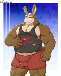  2024 anthro areola balls_outline barazoku belly biceps big_bulge big_muscles blue_background border buckteeth bulge claws clothing detailed_background detailed_bulge erection erection_under_clothing eyebrows fur genital_outline headgear hi_res huge_bulge huge_muscles kemono lagomorph leporid looking_at_viewer male mammal manly mature_anthro mature_male musclegut muscular muscular_anthro muscular_male nintendo nipples pecs penis_outline peppy_hare rabbit radonryu shirt signature simple_background smile solo standing star_fox tank_top teeth thick_thighs topwear tuft underwear white_border 