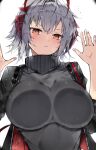  1girl arknights black_sweater breast_press breasts closed_mouth commentary_request grey_hair highres kyuu_(plastic_night_q) large_breasts looking_at_viewer orange_eyes simple_background solo sweater turtleneck turtleneck_sweater upper_body w_(arknights) white_background 