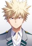  1boy bakugou_katsuki boku_no_hero_academia collared_shirt expressionless grey_jacket hair_between_eyes jacket koyoka looking_at_viewer male_focus portrait red_eyes shirt short_hair simple_background solo spiked_hair white_background white_shirt 