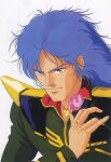  1980s_(style) 1boy bishounen blue_hair brown_eyes dog_tags flower gundam gundam_zz highres key_visual kitazume_hiroyuki long_hair magazine_scan mashymre_cello military military_uniform neo_zeon official_art portrait promotional_art retro_artstyle rose scan science_fiction serious traditional_media uniform upper_body white_background 