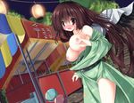  blush bouncing_breasts bow breasts brown_hair embarrassed festival hair_bow highres japanese_clothes kimono large_breasts long_hair nipples open_mouth red_eyes reiuji_utsuho smile solo toine_hoko touhou wardrobe_malfunction water_balloon wings 