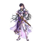  1girl absurdres armor ayra_(fire_emblem) black_hair boots breastplate closed_mouth commentary_request dress earrings fire_emblem fire_emblem:_genealogy_of_the_holy_war fire_emblem_heroes full_body gold_trim high_heel_boots high_heels highres jewelry long_hair looking_at_viewer official_art pauldrons pelvic_curtain purple_eyes sheath short_sleeves shoulder_armor simple_background smile solo standing suzuki_rika sword thighhighs weapon white_background 