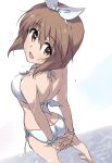  1girl absurdres arms_behind_back ass back bare_shoulders barefoot bikini blue_scrunchie blush bob_cut breasts brown_eyes brown_hair dated dutch_angle from_above from_behind hagiwara_yukiho hairband happy_birthday heart highres idolmaster idolmaster_(classic) idolmaster_million_live! idolmaster_million_live!_theater_days interlocked_fingers looking_at_viewer looking_back looking_up medium_breasts multiple_bracelets open_mouth own_hands_together scrunchie short_hair side-tie_bikini_bottom smile solo swimsuit tokiani water_drop wet white_background white_bikini white_hairband wrist_scrunchie 