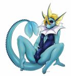  2016 absurd_res anthro anthrofied anus_outline arm_support balls_outline blonde_hair blush blush_lines bulge butt clothed clothing detailed_bulge eeveelution erection erection_under_clothing femboy fin frill_(anatomy) front_view full-length_portrait generation_1_pokemon genital_outline glistening glistening_hair hair head_fin hi_res kyma long_tail looking_at_viewer male male_anthro marine neck_frill nintendo nipple_outline one-piece_swimsuit open_mouth penis_outline plantigrade pokemon pokemon_(species) pokemorph portrait presenting_bulge presenting_crotch purple_eyes raised_tail short_hair simple_background sitting solo spread_legs spreading swimwear tail tight_clothing vaporeon white_background 