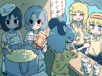  5girls alice_margatroid animal_ears black_eyes blonde_hair blue_eyes bow bubble_tea closed_eyes closed_mouth commentary_request cookie_(touhou) cooking cooking_pot cowboy_shot flour_(cookie) grey_hair hair_bow hair_ornament hairband hawaiian_shirt hishaku ichigo_(cookie) kirisame_marisa kumoi_ichirin long_hair market_stall medium_bangs milk_(cookie) mouse_ears mouse_girl multiple_girls murasa_minamitsu nazrin nyon_(cookie) open_mouth parted_bangs pink_hairband rikadai shirt short_hair smile star_(symbol) star_hair_ornament suzu_(cookie) tank_top touhou translation_request white_bow white_shirt white_tank_top 