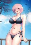  1girl :d absurdres ass_visible_through_thighs bare_shoulders beach bikini black_bikini blue_sky breasts cleavage cloud cowboy_shot day fate/grand_order fate_(series) groin hair_over_one_eye halterneck highres kabotoz large_breasts looking_at_viewer mash_kyrielight medium_breasts navel ocean official_alternate_costume open_mouth outdoors palm_tree pink_hair purple_eyes purple_hair short_hair sky smile solo standing stomach swimsuit thighs tree 