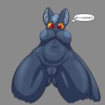  anthro areola bat big_breasts blue_areola blue_hair blue_nipples breasts butt butt_from_the_front dialogue female fur genitals grey_background grey_body grey_fur hair head_tuft inner_ear_fluff low-angle_view mammal navel nipples nude orange_sclera pussy red_eyes simple_background solo text thekingofsorrow thick_thighs thought_bubble tuft wide_hips 