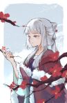  1girl bai_yuxiu bitr_x blue_eyes braid branch cape closed_mouth fengling_yuxiu flower fur_trim grey_hair hair_ornament highres holding long_hair ponytail red_cape smile solo upper_body white_hair 