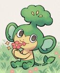  :3 animal_focus flower full_body grass holding holding_flower looking_at_viewer monkey no_humans numae_kaeru on_grass open_mouth outdoors pansage pink_flower pokemon pokemon_(creature) sitting solo sparkle 