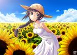  artist_name black_hair blue_sky braid breasts cloud day dress field flower flower_field grey_eyes harousel hat leaning_forward lens_flare original single_braid sky small_breasts smile solo spaghetti_strap sun_hat sundress sunflower 