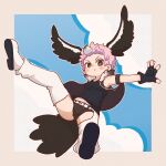  1girl belt bird_girl bird_tail bird_wings blue_sky boots brown_eyes feathered_wings fingerless_gloves gloves head_wings highres jacket kemono_friends lappet-faced_vulture_(kemono_friends) looking_at_viewer pink_hair shirt short_hair shorts simple_background sky solo sorairo_meronpan tail wings 