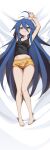  1girl :3 absurdres ahoge armpits arms_up bare_shoulders barefoot bed_sheet black_shirt blue_hair bright_pupils closed_mouth collarbone commission commissioner_upload dakimakura_(medium) dot_nose full_body green_eyes groin hair_between_eyes highres holding_own_arm izumi_konata long_hair looking_at_viewer lucky_star lying midriff_peek navel non-web_source on_back on_bed once_11h shirt short_shorts shorts sidelocks sleeveless sleeveless_shirt solo straight_hair very_long_hair white_pupils yellow_shorts 