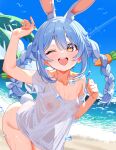  animal_ears arm_up beach blue_sky braid breasts carrot_hair_ornament dongchuan food-themed_hair_ornament hair_ornament highres hololive nipples no_bra ocean one_eye_closed open_mouth outdoors palm_tree rabbit-shaped_pupils rabbit_ears rabbit_girl see-through shirt short_eyebrows sky small_breasts smile symbol-shaped_pupils tree twin_braids usada_pekora virtual_youtuber wet wet_clothes wet_shirt yellow_eyes 