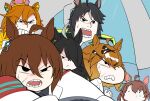  6+girls absurdres agnes_tachyon_(umamusume) ahoge animal_ears aramori_susumu black_hair braid brown_hair clenched_teeth commentary_request crayon_shin-chan crayon_shin-chan:_ankoku_tamatama_daitsuiseki crown dantsu_flame_(umamusume) ear_covers earrings french_braid fuji_kiseki_(umamusume) furrowed_brow grey_hair hair_between_eyes hair_ornament hair_over_one_eye hairclip highres horse_ears horse_girl jewelry jungle_pocket_(umamusume) long_bangs long_hair long_sleeves manhattan_cafe_(umamusume) medium_hair mini_crown multicolored_hair multiple_girls notched_ear parody pink_crown_(object) scene_reference short_hair single_earring style_parody sweatdrop swept_bangs t.m._opera_o_(umamusume) teeth two-tone_hair umamusume umamusume:_beginning_of_a_new_era usui_yoshito_(style) v-shaped_eyebrows v-shaped_eyes white_hair 