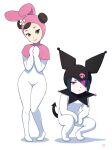  2girls animal_ears animal_hood black_hair black_hood bodysuit brown_eyes chun-li cosplay finalcake flower flower_on_head hair_over_one_eye han_juri highres hood kuromi kuromi_(cosplay) multiple_girls my_melody my_melody_(cosplay) onegai_my_melody pink_hood rabbit_ears rabbit_hood sanrio simple_background skull_print squatting street_fighter white_background white_bodysuit 