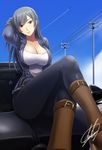  arm_up blue_hair boots breasts brown_eyes car cleavage crossed_legs darkmaya ground_vehicle jacket large_breasts light_smile long_hair looking_at_viewer low-cut missile motor_vehicle on_vehicle open_clothes open_jacket original pants power_lines shirt signature sitting solo telephone_pole tight tight_pants 