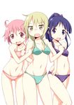  ahoge alternate_hairstyle arm_hug bangs bare_arms bare_shoulders bikini blonde_hair blue_eyes blue_hair blush breasts chomo_(asymmate) collarbone double_arm_hug eyebrows_visible_through_hair girl_sandwich hair_between_eyes hair_ribbon highres hinata_yukari ichii_yui locked_arms looking_at_viewer low_twintails multiple_girls navel nonohara_yuzuko open_mouth pink_hair ponytail red_eyes ribbon sandwiched short_hair simple_background small_breasts sweatdrop swimsuit twintails yellow_eyes yuyushiki 