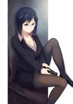  black_eyes black_hair breasts cleavage formal glasses gun handgun jacket konori_mii leg_up medium_breasts office_lady pantyhose pencil_skirt pistol popped_collar sasamori_tomoe shoes short_hair sig_sauer sig_sauer_p226 sitting skirt skirt_suit solo suit to_aru_kagaku_no_railgun to_aru_majutsu_no_index weapon 