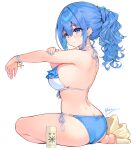  1girl ass bare_arms bare_legs bare_shoulders barefoot bikini blue_bikini blue_eyes blue_hair blue_nails blush breasts closed_mouth cu-no earrings full_body hair_between_eyes hisen_kaede jewelry kohitsuji_ai large_breasts looking_to_the_side nail_polish outstretched_arm ponytail signature simple_background smile solo stud_earrings swimsuit white_background white_bikini 