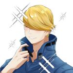  1boy belt best_jeanist blonde_hair blush boku_no_hero_academia closed_eyes denim facing_viewer male_focus open_belt pineappleumi simple_background smile solo sparkle upper_body white_background 